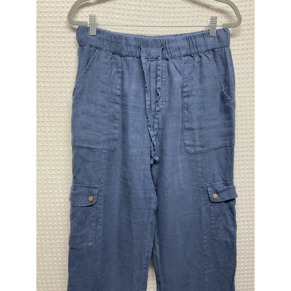 C&C California Cargo Pants Womens Large Blue‎ 100% Linen Pull On High